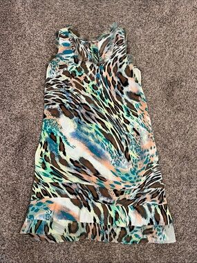 Sleeveless Animal-Print Mini Dress in Aqua and Coral